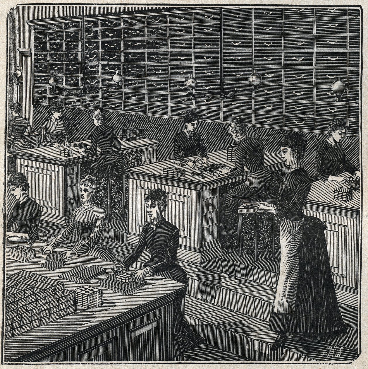 Tillverkning av metallfjädrar: sortering och omslag av fjädrar i en fabrik i Frankrike på 1800-talet. Gravyr från 1885 i "" Les arts et metiers illustres"" av Adolphe BITARD. av Unknown artist
