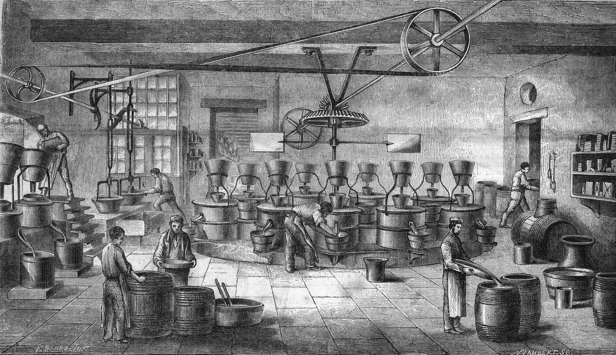 Tillverkning av senap och konserver på Louit freres i bordeaux. Gravyr från 1865. av Unknown artist