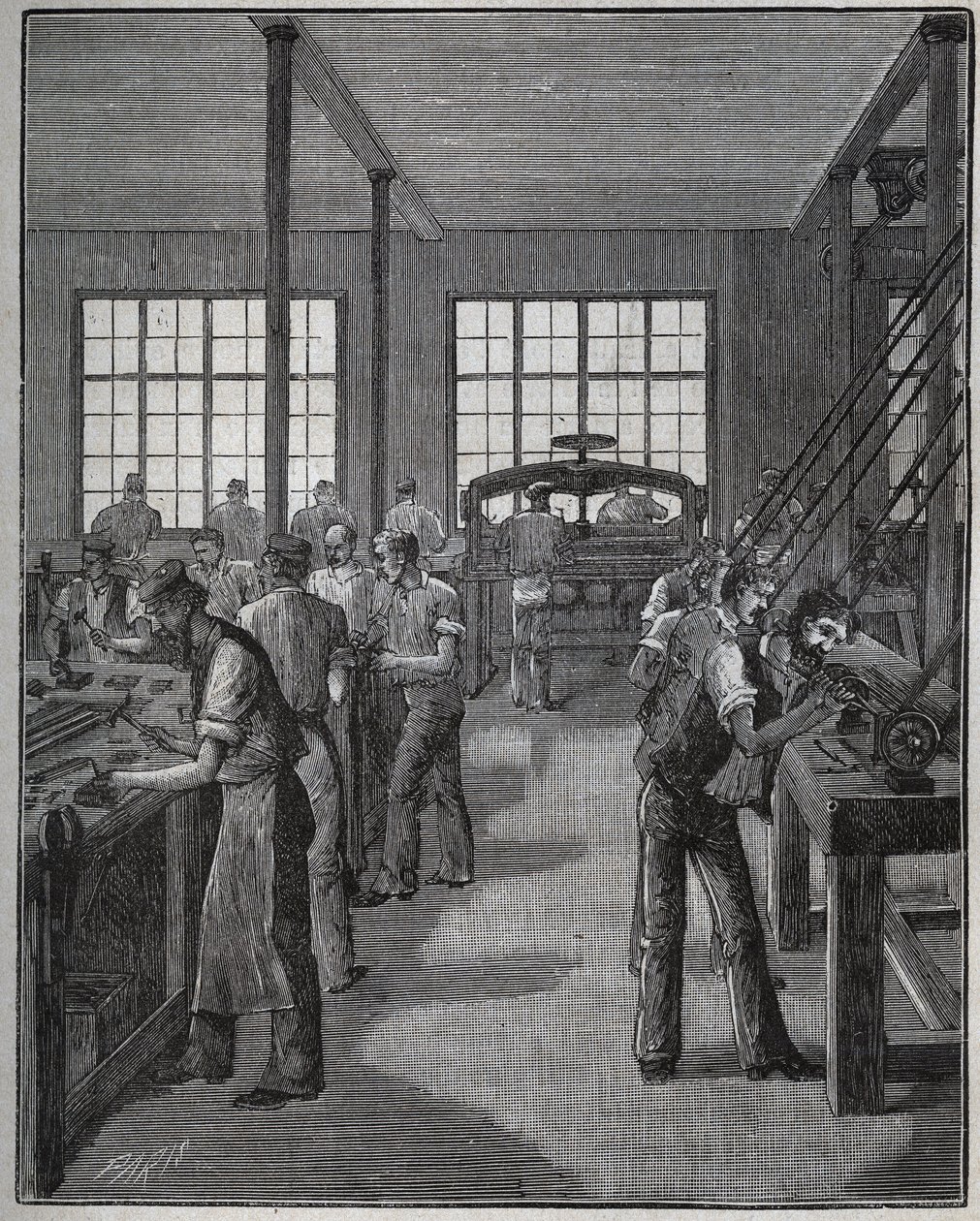 Tillverkning av pennhållare (pennhållare) och pennhållare (pennhållare). Gravyr från 1885 i "" Les arts et metiers illustres"" av Adolphe BITARD. av Unknown artist