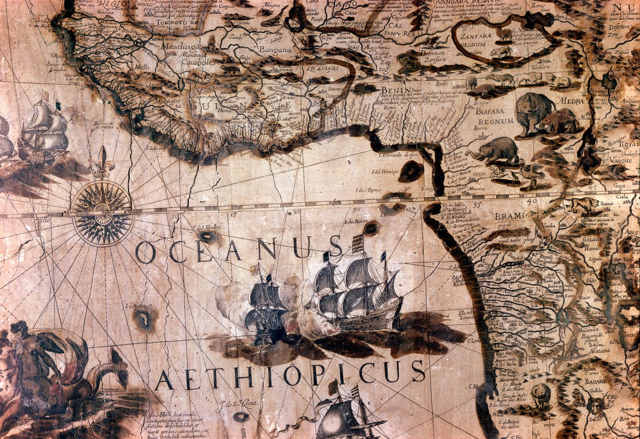 Karta över Afrika: detalj som visar Beninbukten med ön Saint Helene. 1600-talets Rom Italian Geographic Society av Unknown artist