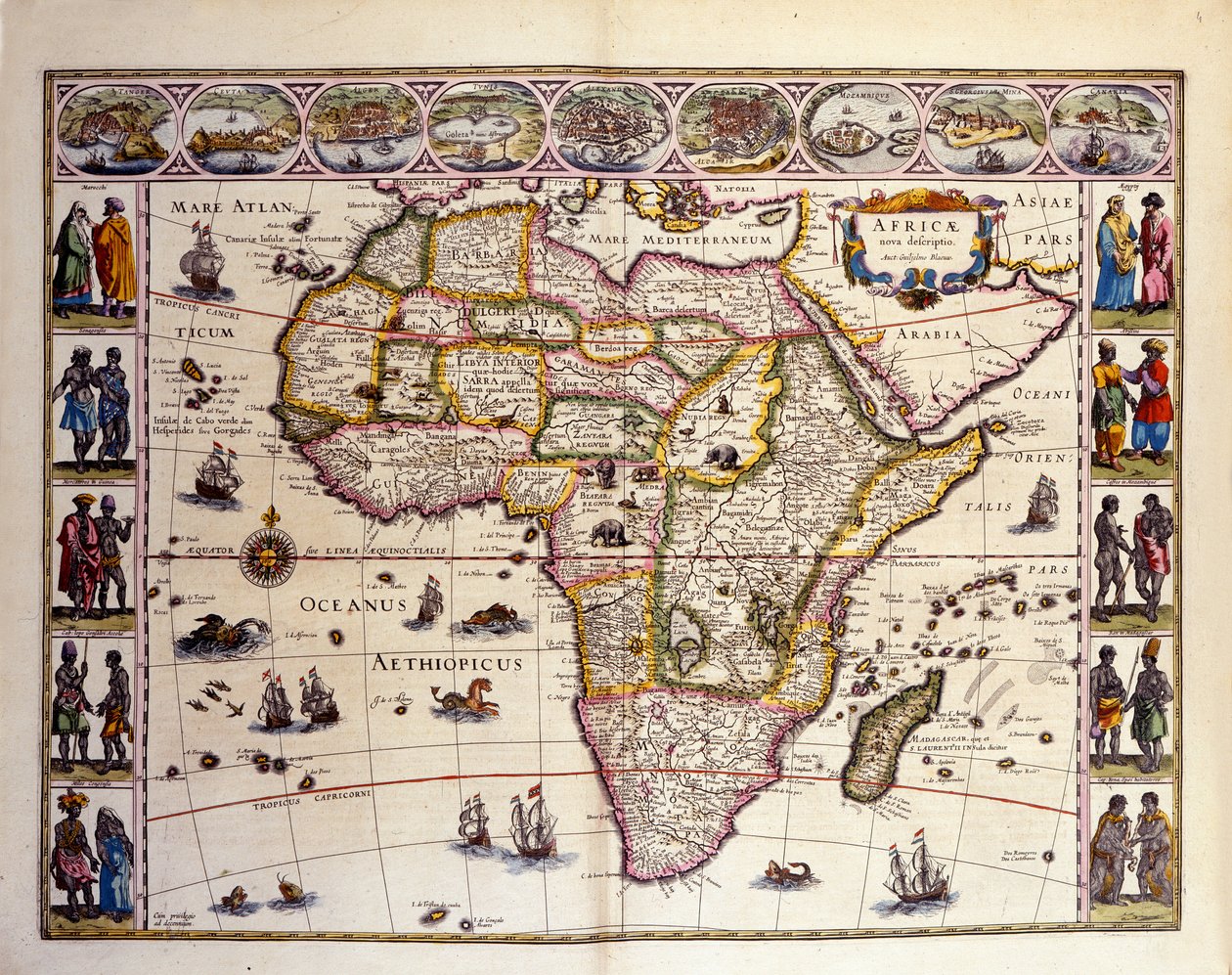 Karta över Afrika från William Blaeus Atlas. På toppen ligger städerna Tanger, ceuta, Alger, Tunis, Alexandria, Alcair, Moçambique, Saint Georges de la Mina, Kanarieöarna. Olika öar är också representerade utanför Afrika, Mascareignesöarna, Mada av Unknown artist