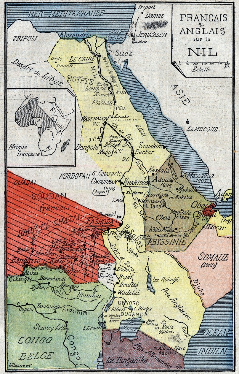 Karta över afrikanska territorier koloniserade av franska och engelska längs Nilen. Illustration i "" Le Pelerin"" den 2 oktober av Unknown artist