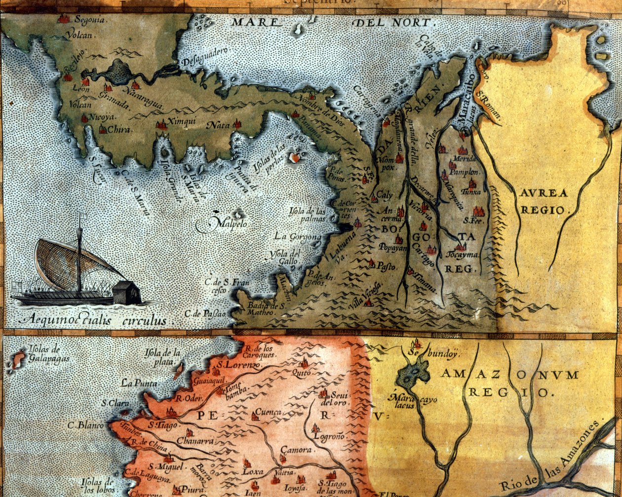 Karta över Centralamerika på 1500-talet: ovanför den visar regionerna Peru, Amazonas och Bogota (Panama, Colombia och Venezuela). av Unknown artist