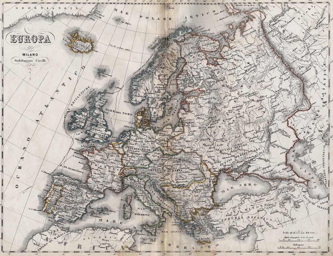 Karta över Europa. Andra hälften av 1800-talet. Italiensk Atlas. Stabilimento Civelli. Milano. av Unknown artist