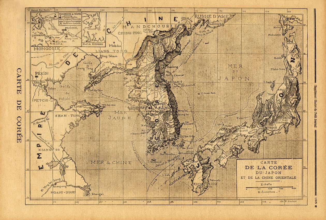 Karta över Korea, Japan och östra Kina. Gravyr i "" Le petit journal"" 1894-09-03. Selvas samling. av Unknown artist