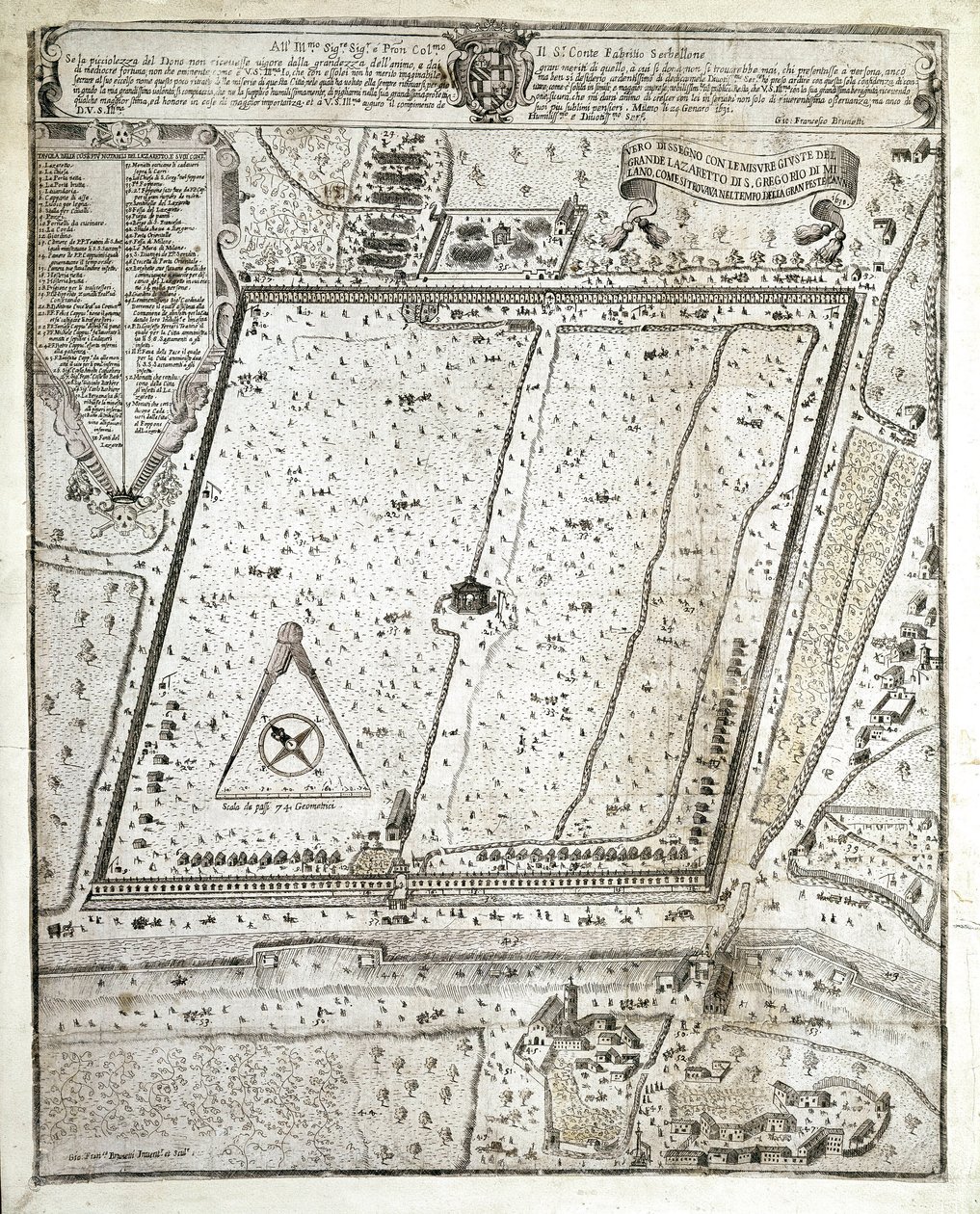 Karta över Milano lazaret under den stora pesten i Milano 1630 (ritning av Unknown artist