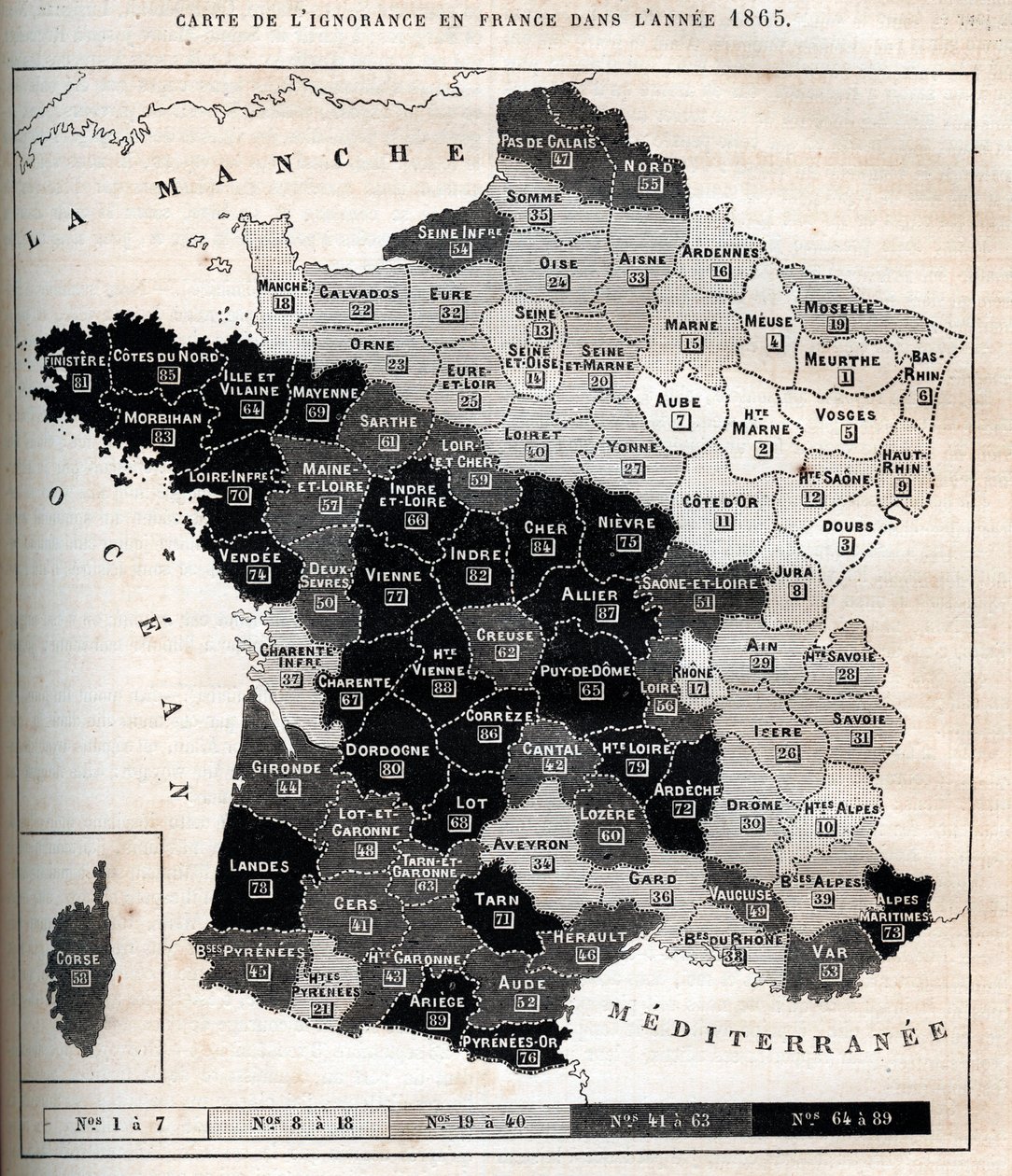 Karta över okunnighet i Frankrike 1865 - av Unknown artist