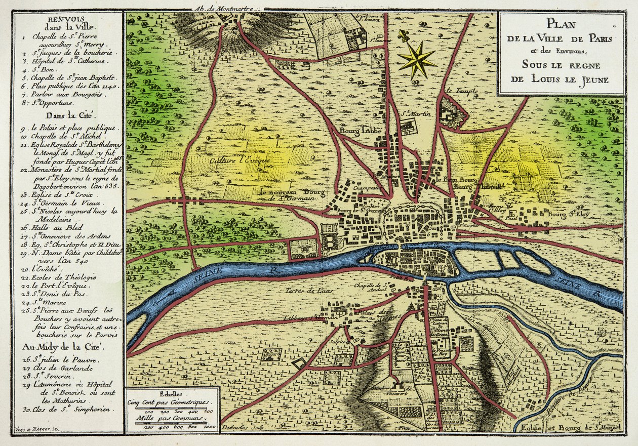 Karta över staden Paris under Ludvig Le Jeunes regering (Louis VII 1120-1180) Frankernas kung, gravyr 1800-talet av Unknown artist