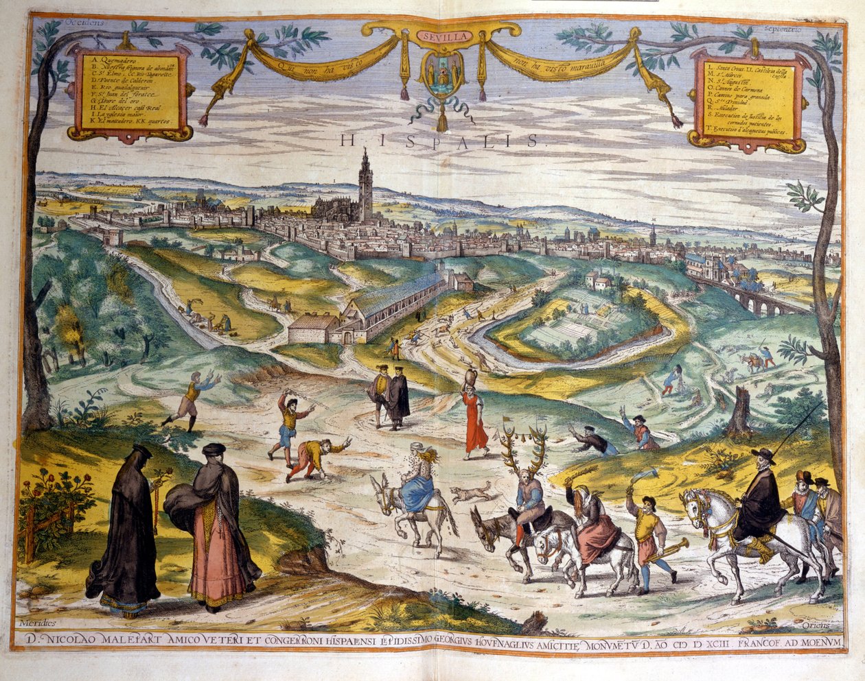 Karta över staden Sevilla 1590. Längst ner till höger på bilden gör byborna narr av en hane på sin åsna. av Unknown artist