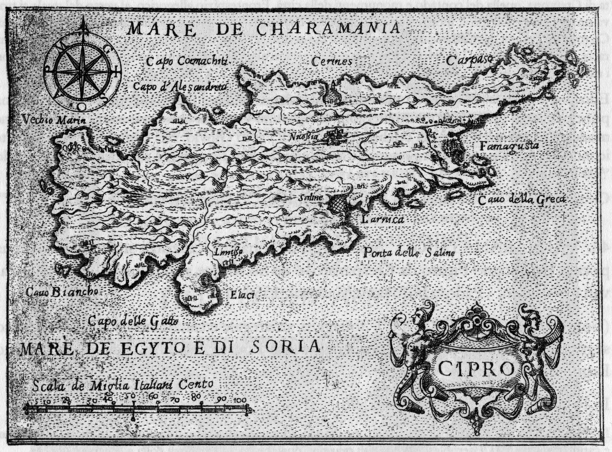 Karta över ön Cypern (cypern) 1587 i "" Jerusalems mest hängivna resa ". av Unknown artist