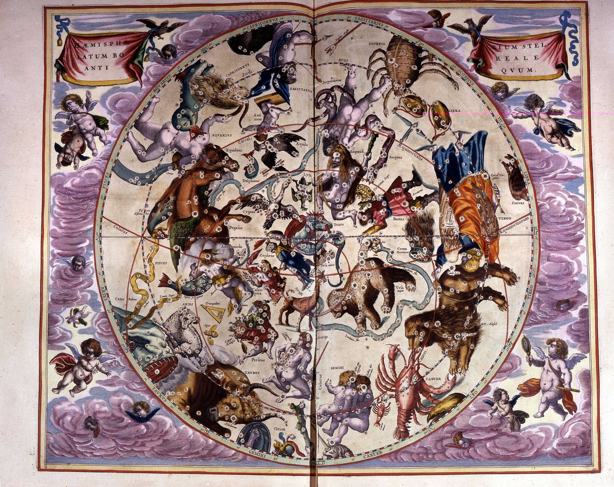 Karta över himlen och zodiakens tecken - faksimil av en uråldrig komposition som representerar konstellationerna på den norra himlen, enligt "Harmonia Macrocosmica" av André Cellarius av Unknown artist