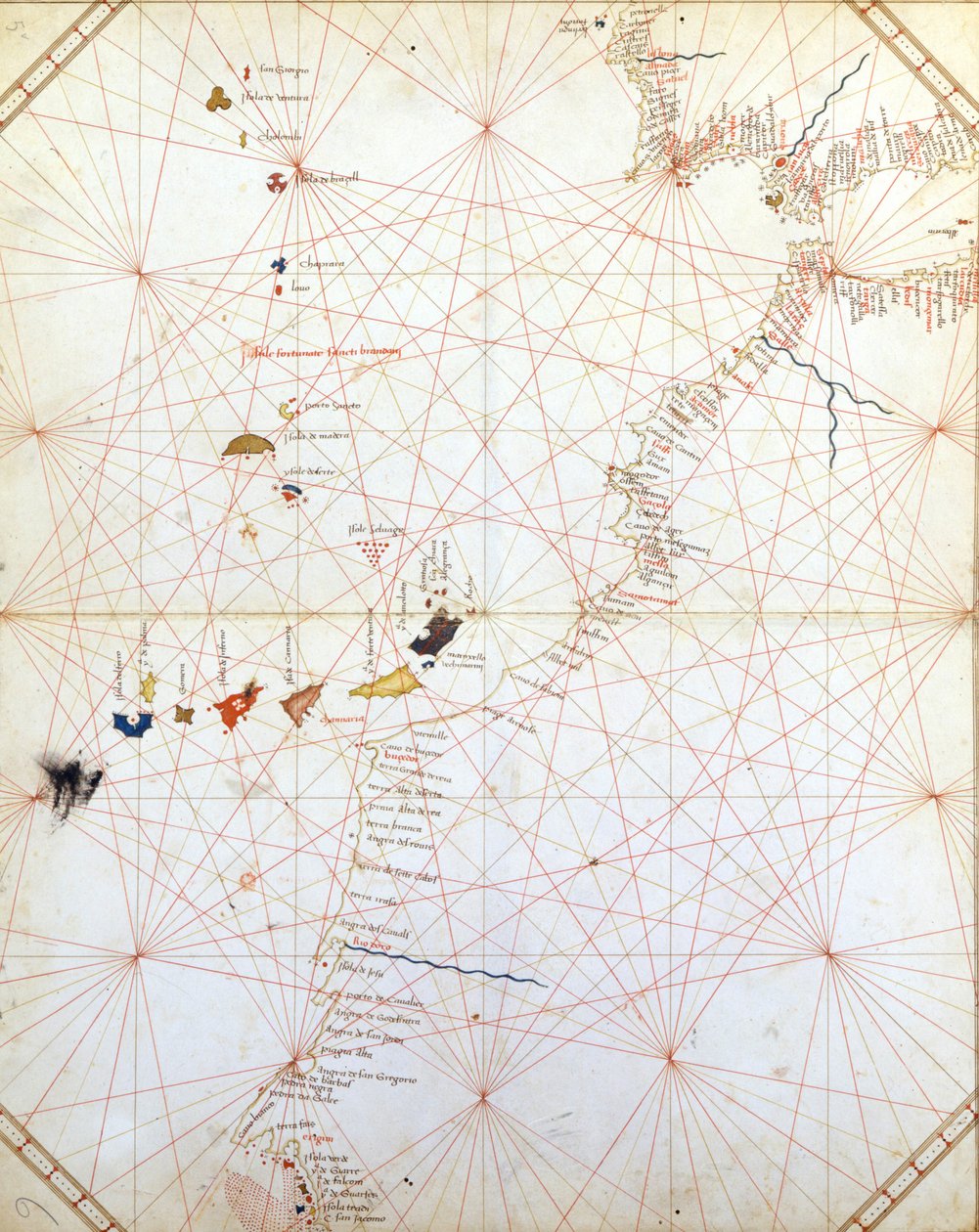 Karta som visar Gibraltar, Marocko och Kanarieöarna. Portulan från 1400-talet. av Unknown artist