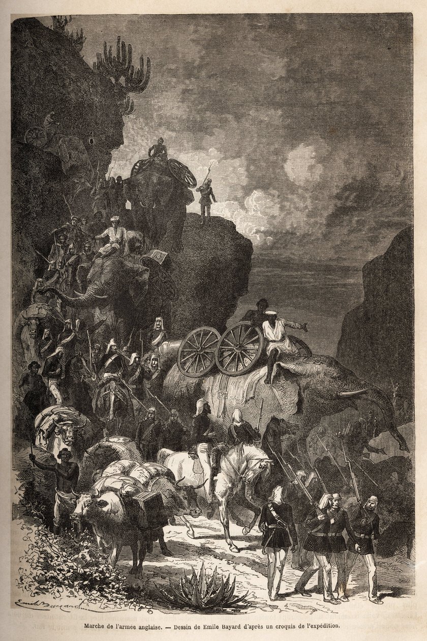 Marsch av den engelska armén mot Dalanta-platån, efter kejsar Theodoros trupper (cirka 1818-1868), med elefanter för transport av artilleripjäser. Gravyr för att illustrera berättelsen "" les captifs de Theodoros"", av doktor Henry Blanc av Unknown artist
