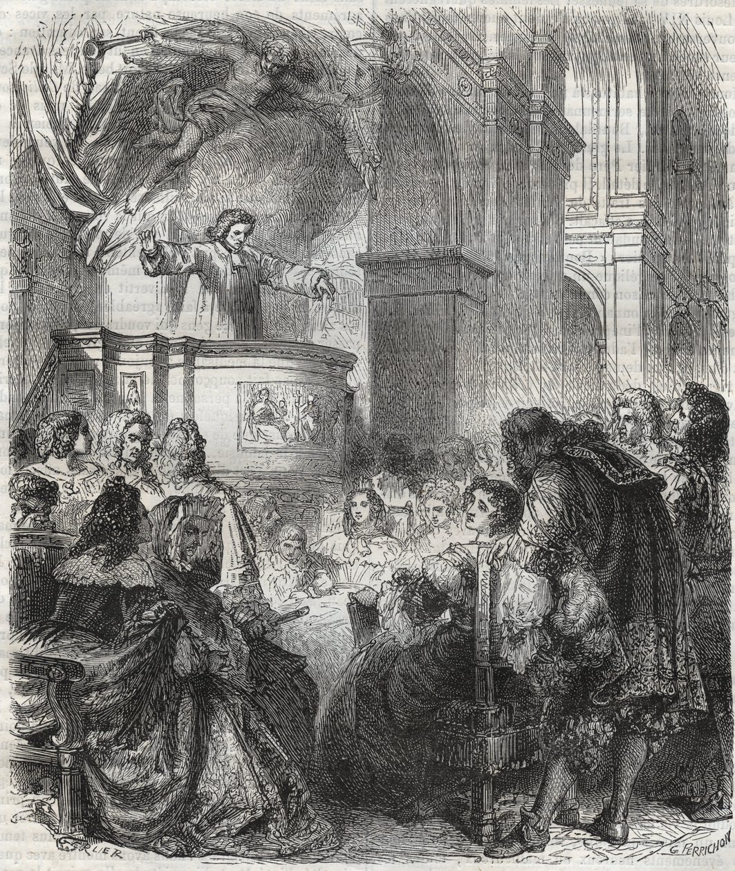 Marie de Rabutin-Chantal (Rabutin Chantal), markisin av Sevigne känd som Madame de Sevigne (1626-1696), lyssna på Louis Bourdaloue (1632-1704) fransman i jesvitkyrkan, Saint-Louis i Paris - gravyr från 1866 av Unknown artist