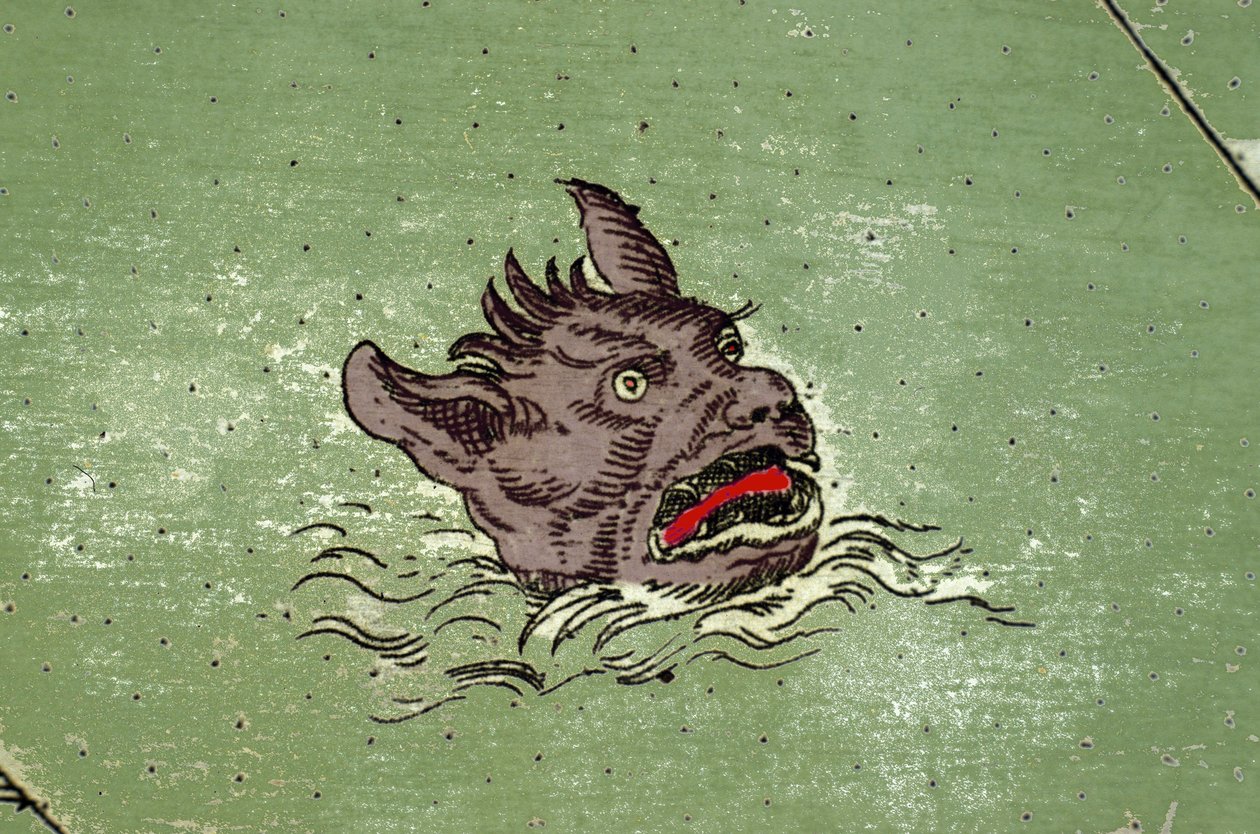 Marint monster med huvudet av demon. detalj av en karta över Urbano Montes atlas av Unknown artist