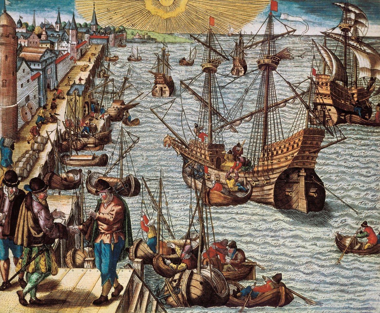 Maritim handel och handel med spanska Indes (koloni), särskilt innehavet av sockerrör. Avgång från hamnen i Lissabon till Ostindien, Amerika och Brasilien av Unknown artist