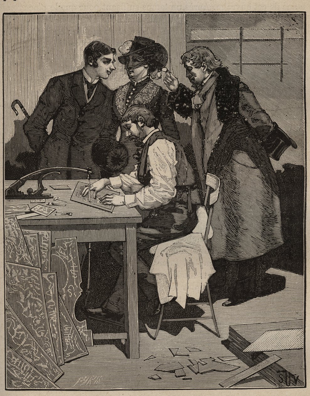 Marquetry: intarsia har jobbet. Gravyr från 1885 i "" Les arts et metiers illustres"" av Adolphe BITARD. av Unknown artist