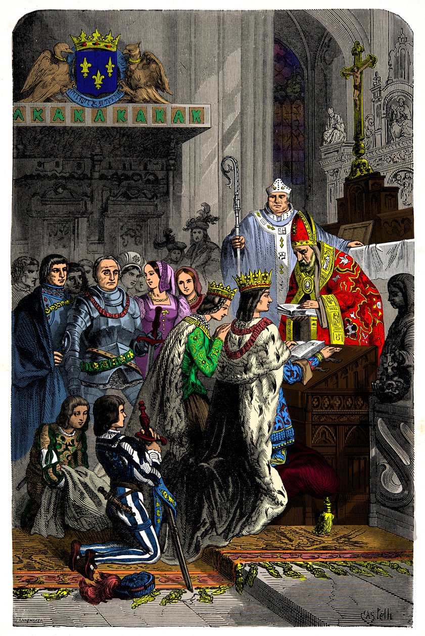 Äktenskap mellan Karl VIII (1470-1498) och Anne av Bretagne (1477-1514) den 13 december 1491 på chateau de langeais, gravyr 1800-talet av Unknown artist