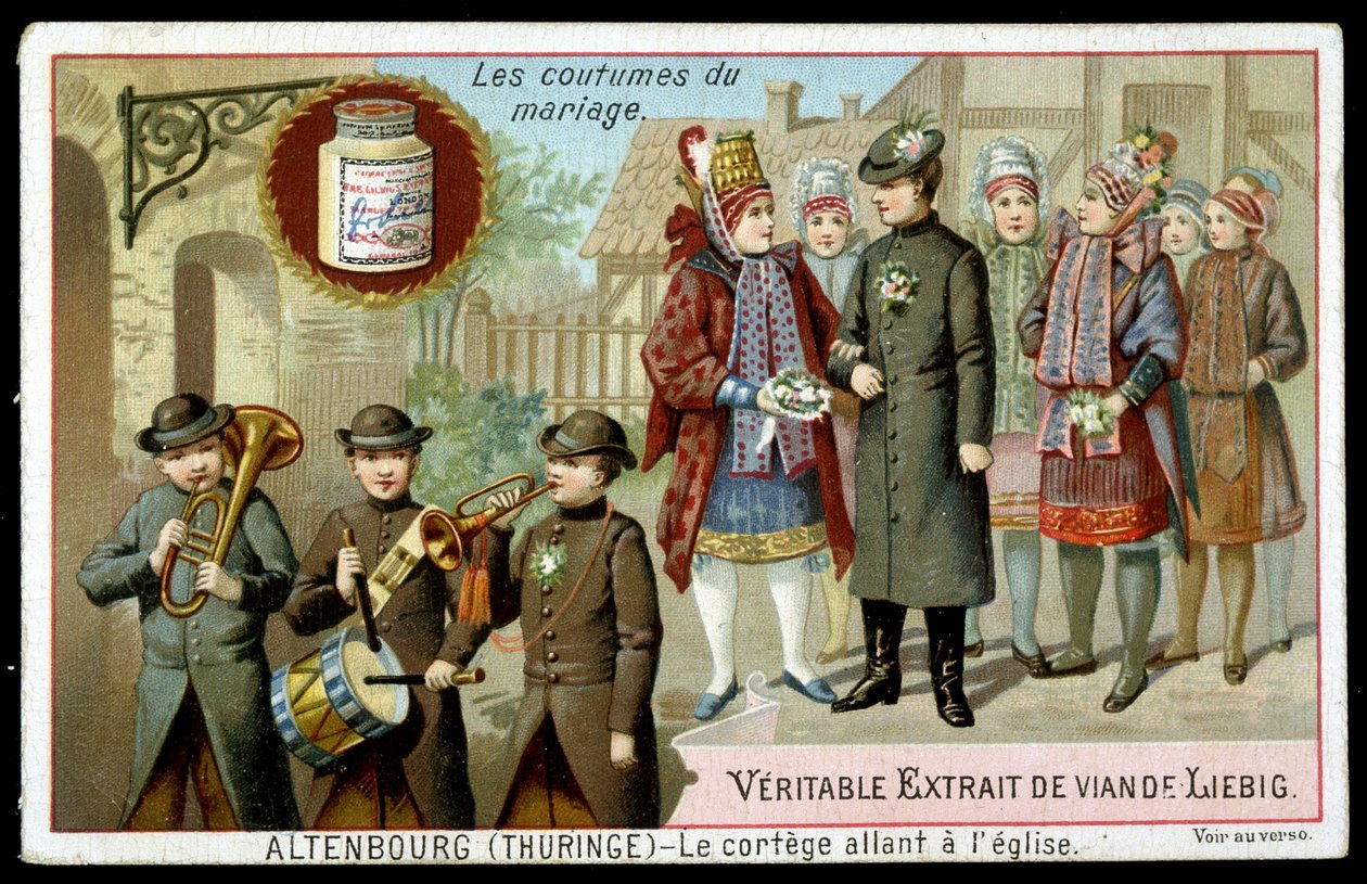 Äktenskapssed: processionen som går till kyrkan i Altenburg (Thüringen) - chromo. Liebig, v. 1895 av Unknown artist