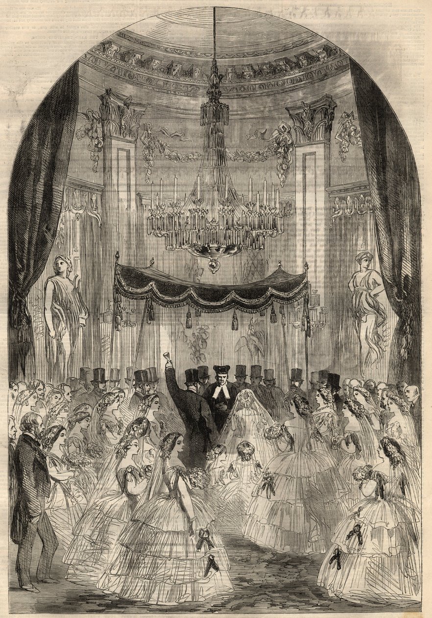 Äktenskap mellan Baron Alphonse de Rothschild (1827-1905) och Leonora de Rotschild (1837-1911). Maria lärde sig att kasta en drink på golvet, det sista steget i ett judiskt äktenskap som kallas "det krossade glaset". Gravyr i "" The Illustrated London News av Unknown artist