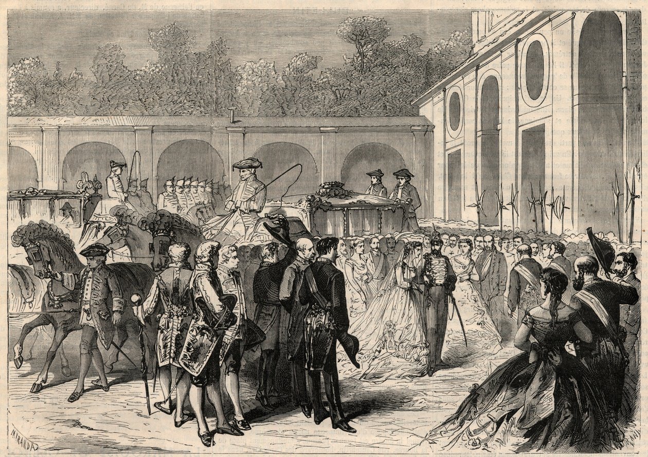 Äktenskap med spädbarnet Marie-Isabelle av Spanien (Isabel av Borbon och Borbon) (1851-1931) och Gaetan av Bourbon-Sicilien (1846-1871), greve av Agrigento (Girgenti): ankomst av kortegen till den kungliga basilikan i Atocha i av Unknown artist