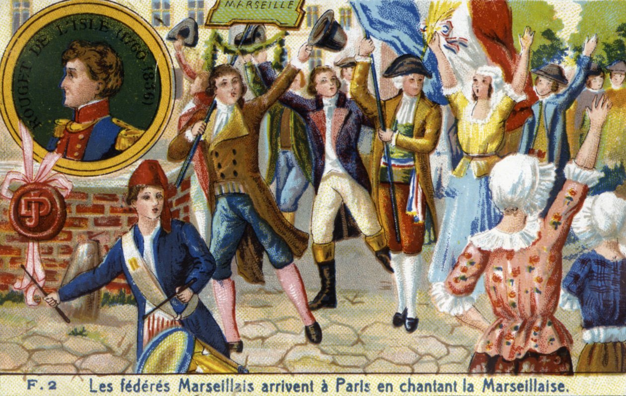 Marseille Federates anländer till Paris sjunger Marseillaise - chromo., sent 1800-tal av Unknown artist