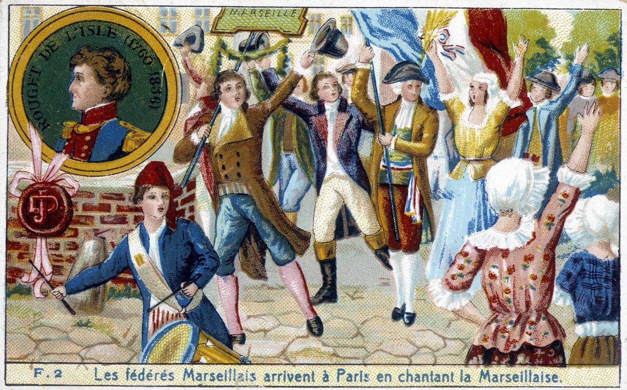 Marseille Federates anländer till Paris sjunger Marseillaise - chromo., sent 1800-tal av Unknown artist