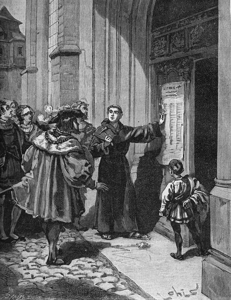 Martin Luther (1483-1546) hänger sina 95 teser i Wittenberg av Unknown artist