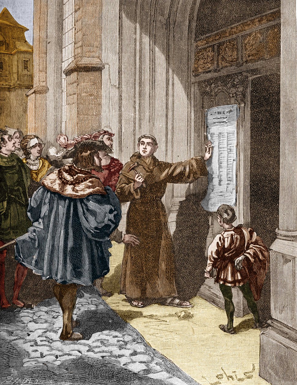 Martin Luther (1483-1546) hänger sina 95 teser i Wittenberg av Unknown artist