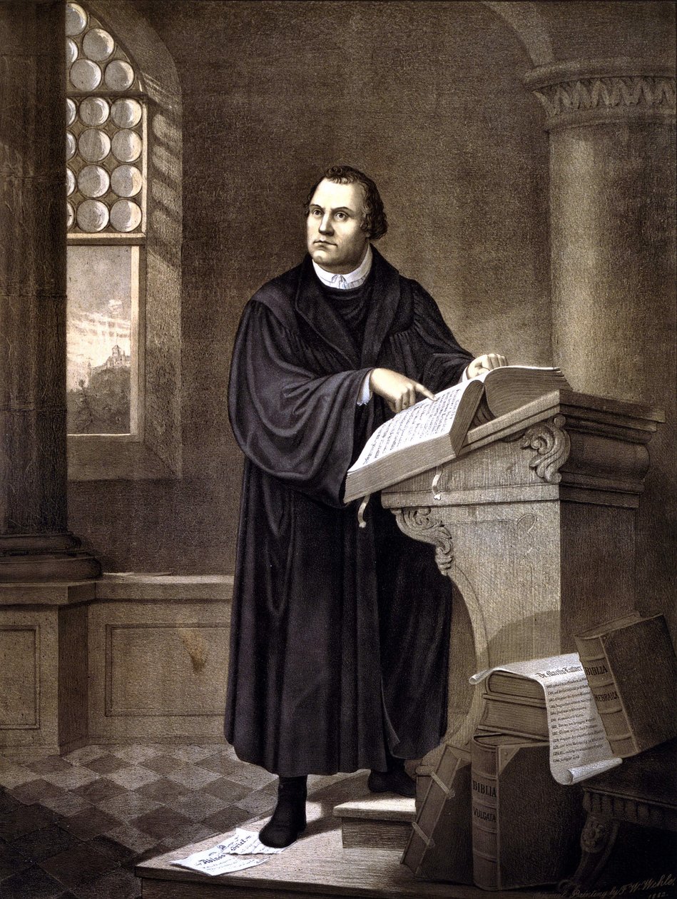 Martin Luther (1483 - 1546) läser i en kyrka. av Unknown artist