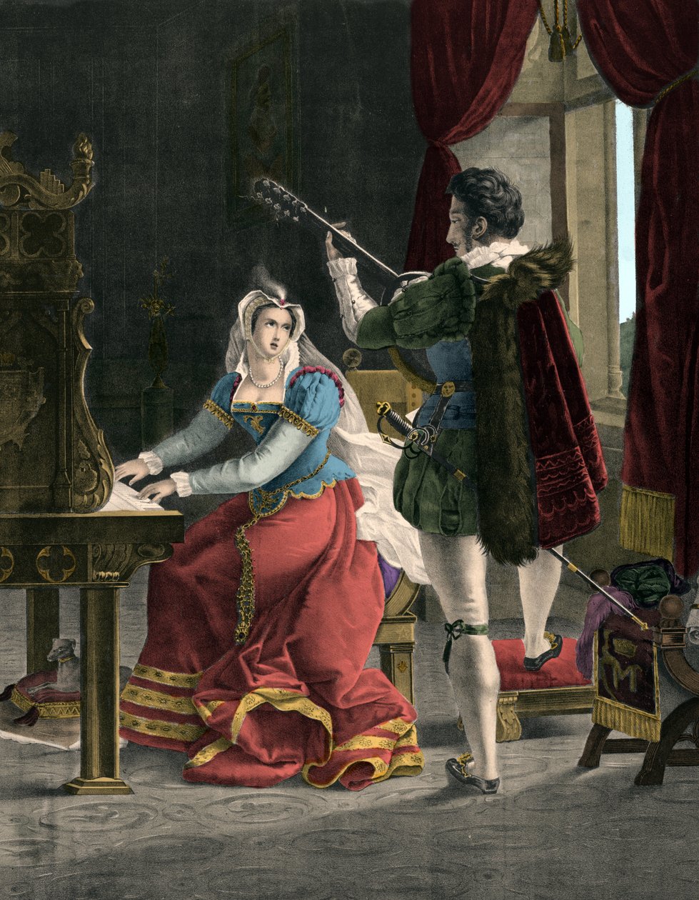 Mary Stuart och David Rizzio - Marie (Mary) Iere Stuart (1542-1587) med David (Davide) Rizzio - gravyr från 1800-talet av Unknown artist