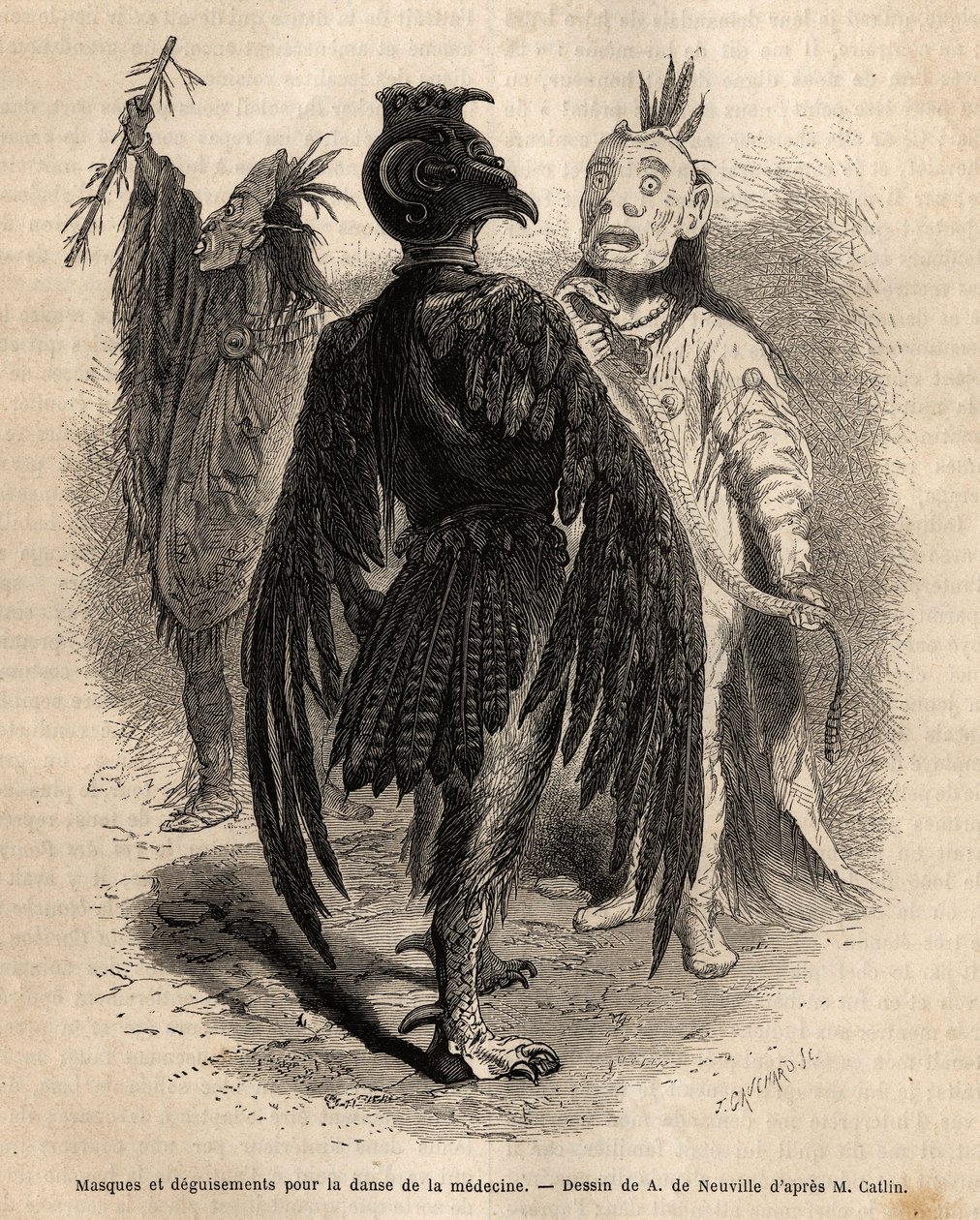 Masker och förklädnader för medicinens dans bland Naya-indianerna. Gravyr för att illustrera en utflykt bland indianstammarna i Colombia och Upper Missouri, av G. Catlin, 1855, publicerad i "" le tour du monde", under ledning av Unknown artist