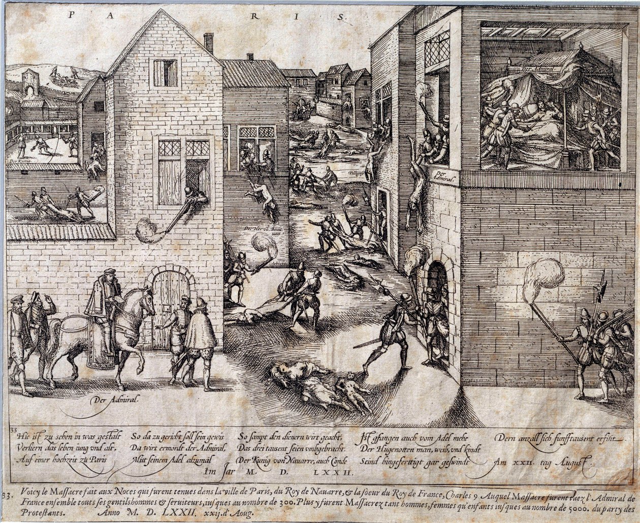 Massaker av Saint Barthelemy (Saint Barthelemy) i Paris natten till den 24 augusti 1572. Gravyr från 1500-talet. Pau, Musée du Chateau av Unknown artist