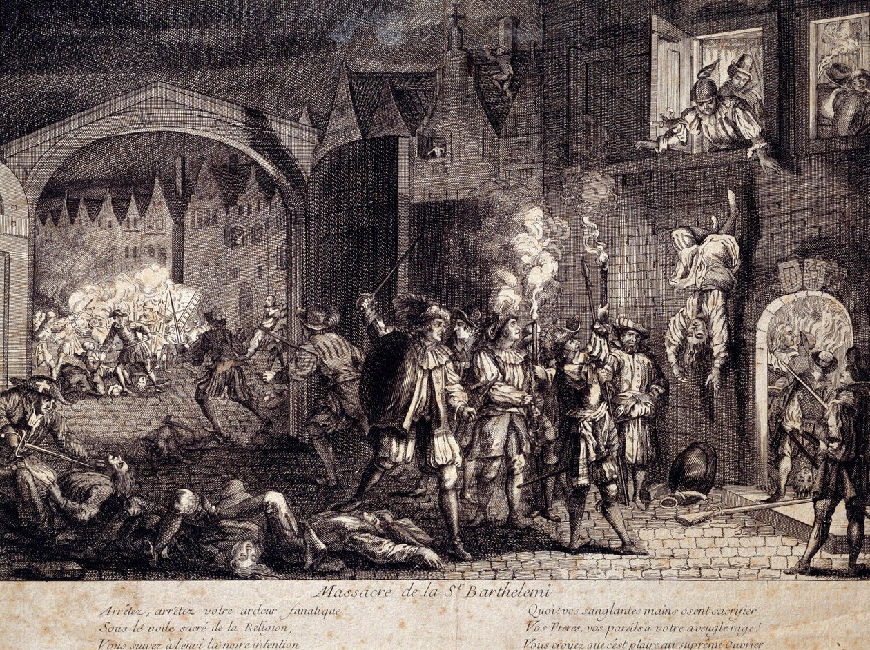 Massaker av Saint Barthelemy (Saint Barthelemy) i Paris natten till den 24 augusti 1572. Gravyr från 1500-talet. Pau, Musée du Chateau av Unknown artist