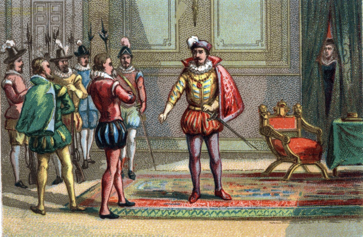 Massaker av Saint Barthelemy, hertigen av Conde och Henrik av Navarra fördes till Karl IX, kung av Frankrike (1550-1574), som erbjöd dem valet mellan mässa och död. Catherine de Medicis (Caterina de Medici) (1519-1589) observerar scenen. Chrom av Unknown artist