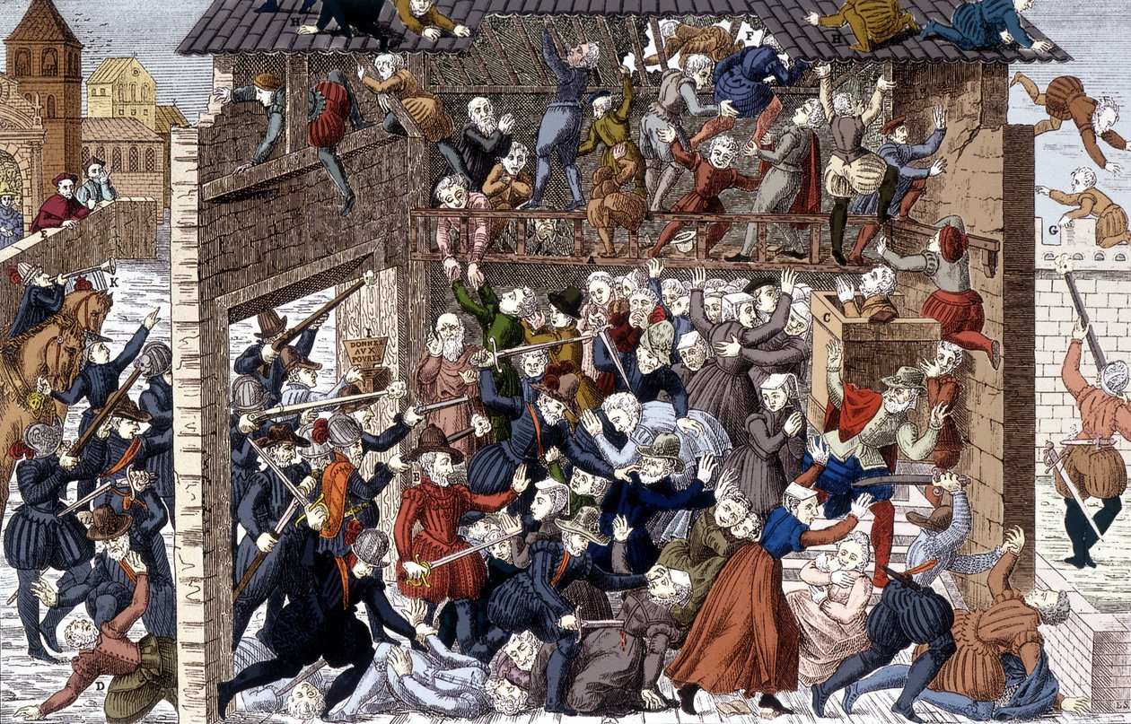 Massaker av Wassy (Vassy) den 1 mars 1562 under Francois I av Lorraine, 2:e hertig av Guise (1519 - 1563). av Unknown artist