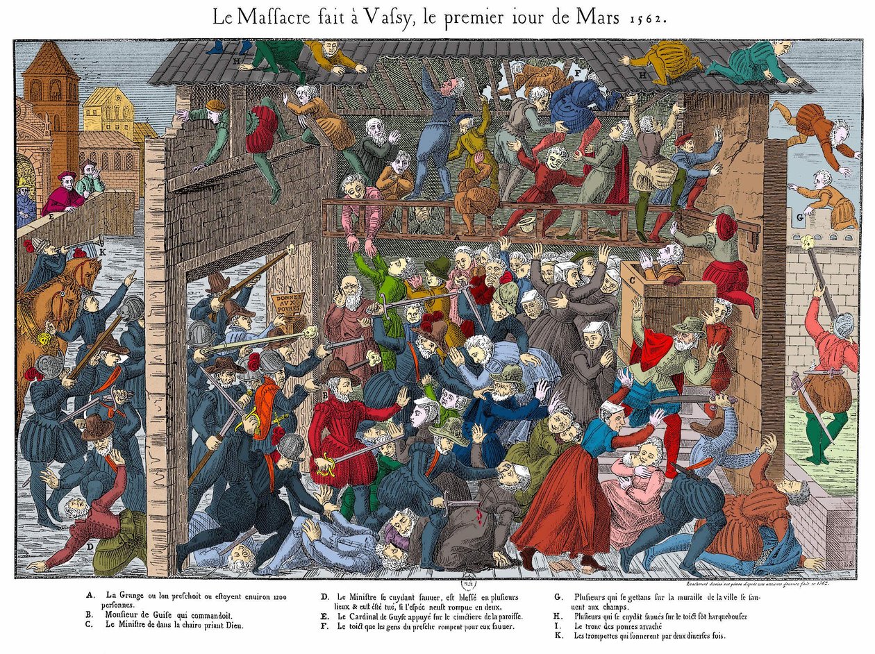Massaker av den protestantiska befolkningen i Wassy (Vassy) den 01/03/1562 av folket i Guise (början av religionskrigen) av Unknown artist