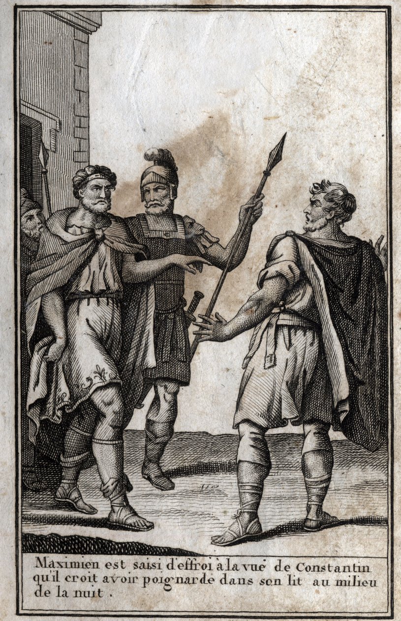 Maximian Hercules (Marcus Aurelius Valerius Maximianus) (cirka 250-310), romersk kejsare, grips av skräck vid åsynen av Konstantin (Konstantin I, Flauius Valerius Aurelius Constantinus, 272-306), hans svärson, som han tror att han högg i sin säng jag av Unknown artist