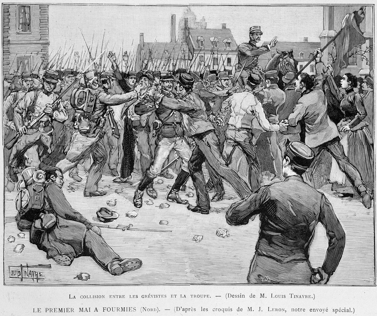 1 maj (1891) i Fourmies - Kollision mellan strejkande och truppen - i "" Le Monde Illustré"" av Unknown artist