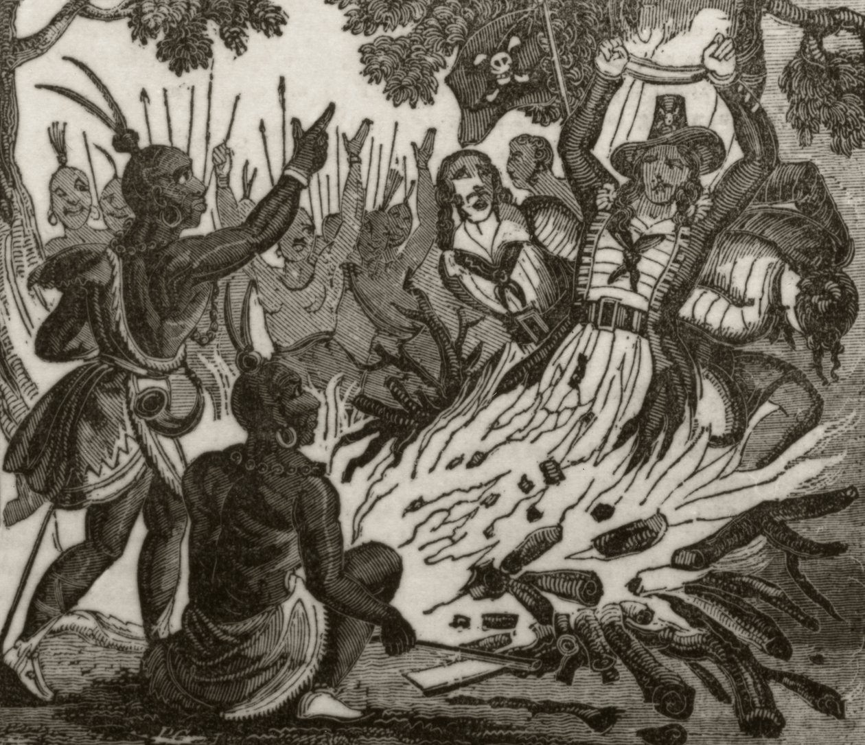 "McFarren, hans kompis, och fyra av besättningen, brändes till döds av Sandwichöarnas infödda", ca 1836 av Unknown artist