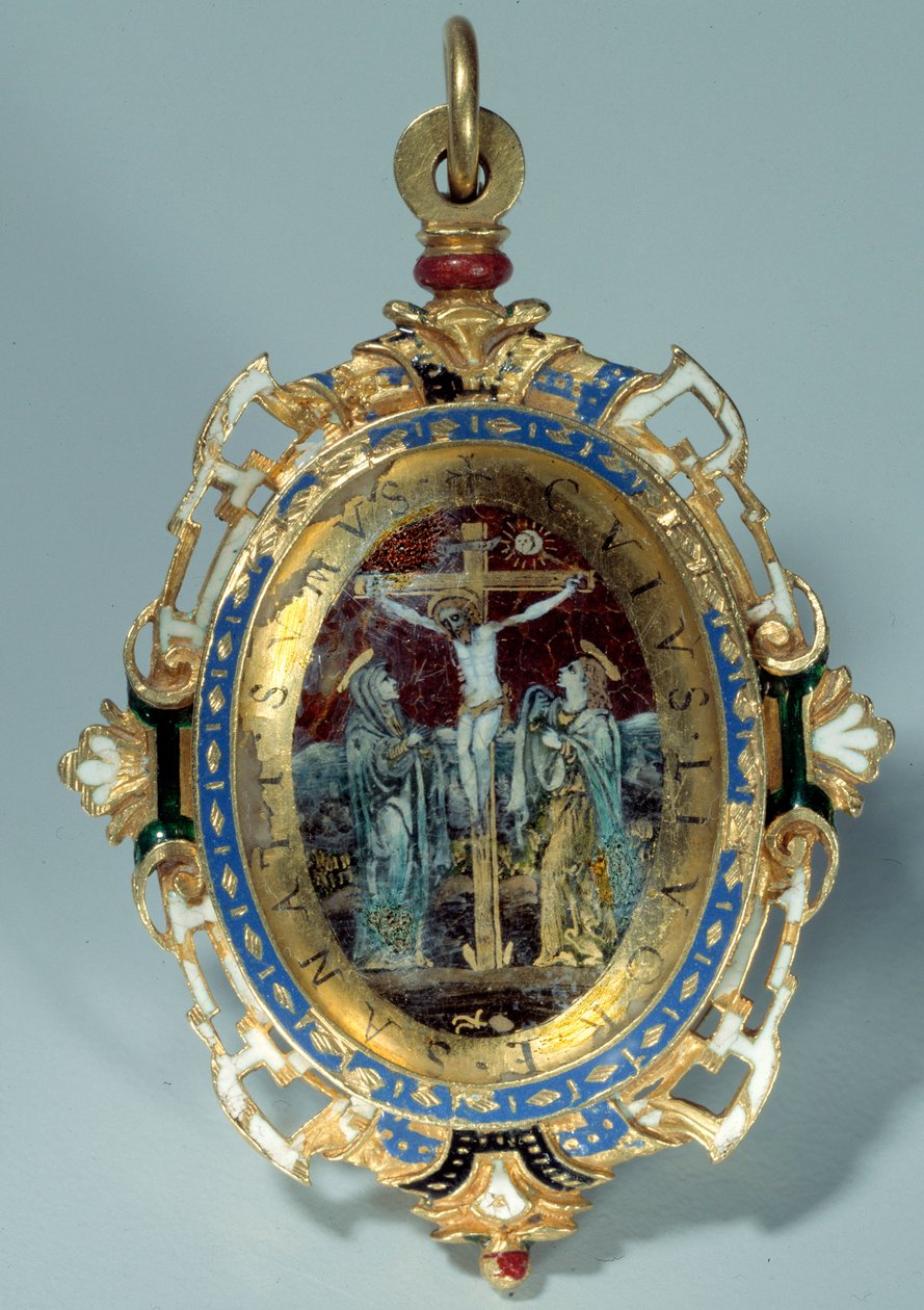 Medaljong i e-post på rund guldbula pryder korsfästelse och flykt till Egypten. Debut av 1500-talet Sun. h. 7 cm. Paris. Louvren av Unknown artist