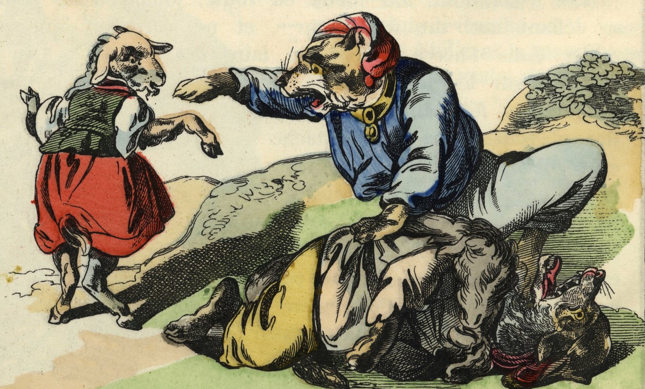 Medor räddar Little Chef från vargen. Illustration av berättelsen "Bon medor och lilla Chevrette". I "" Sagor från hemmet för de minsta"". Anonym gravyr från 1800-talet. av Unknown artist