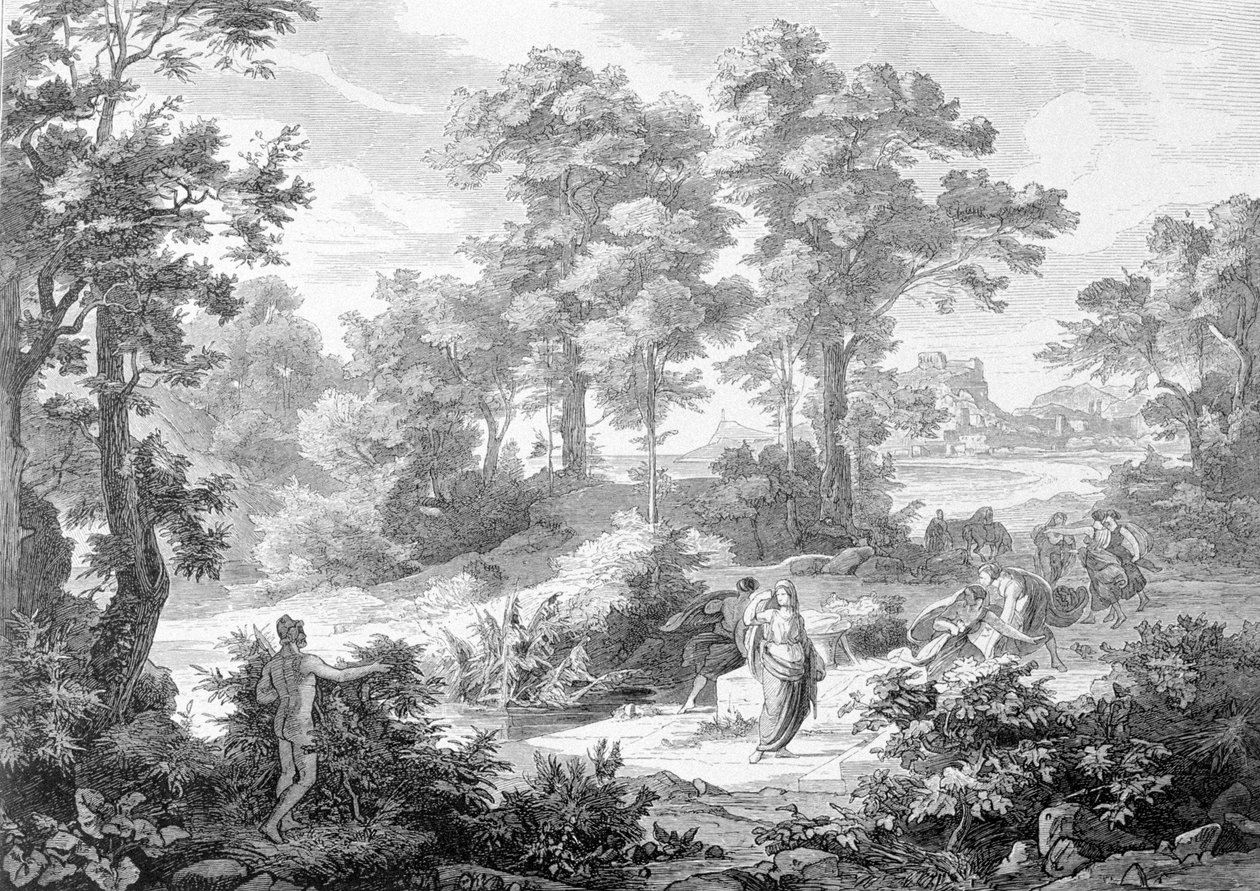 Möte mellan Ulysses som låg nära en flod och Nausicaa. Gravyr från slutet av 1800-talet. av Unknown artist