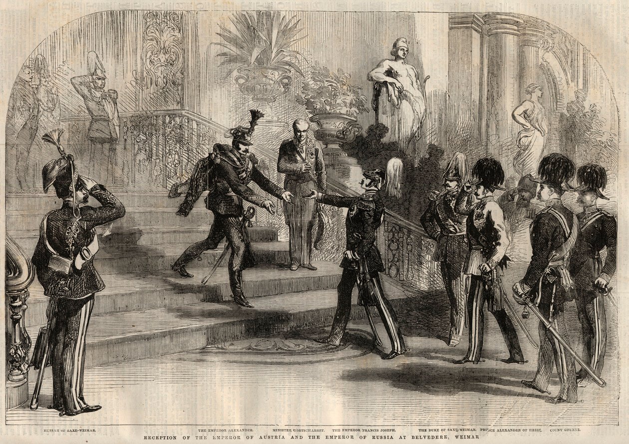 Möte mellan den ryske tsaren Alexander II (1818-1881) och den österrikiske kejsaren Francois Joseph I (1830-1916) vid Belvedere i Weimar (Tyskland). Från vänster till höger är Alexander II, Francois Joseph I, Charles Alexander hertig av Sachsen-Weimar-Eise av Unknown artist