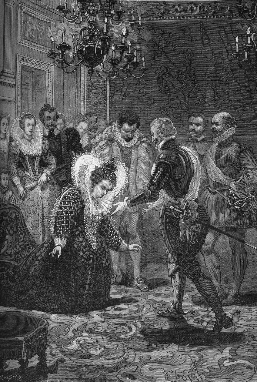 Möte mellan Maris de Medicis och Henrik IV (1601): Maria av Medicis (1573 -1642) böjer sig för sin man, kungen av Frankrike Henrik IV (1553-1610). Gravyr av 1800-talet. I "Histoire de France" av Jules Michelet av Unknown artist