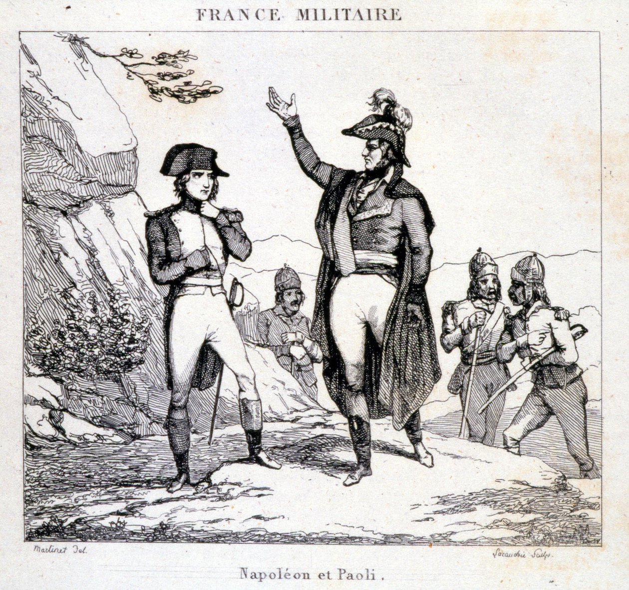 Möte av Napoleon Bonaparte och Pasquale eller Pascal Paoli (1725 - 1807), Patriote Corsica. Gravyr av 1800-talet. av Unknown artist