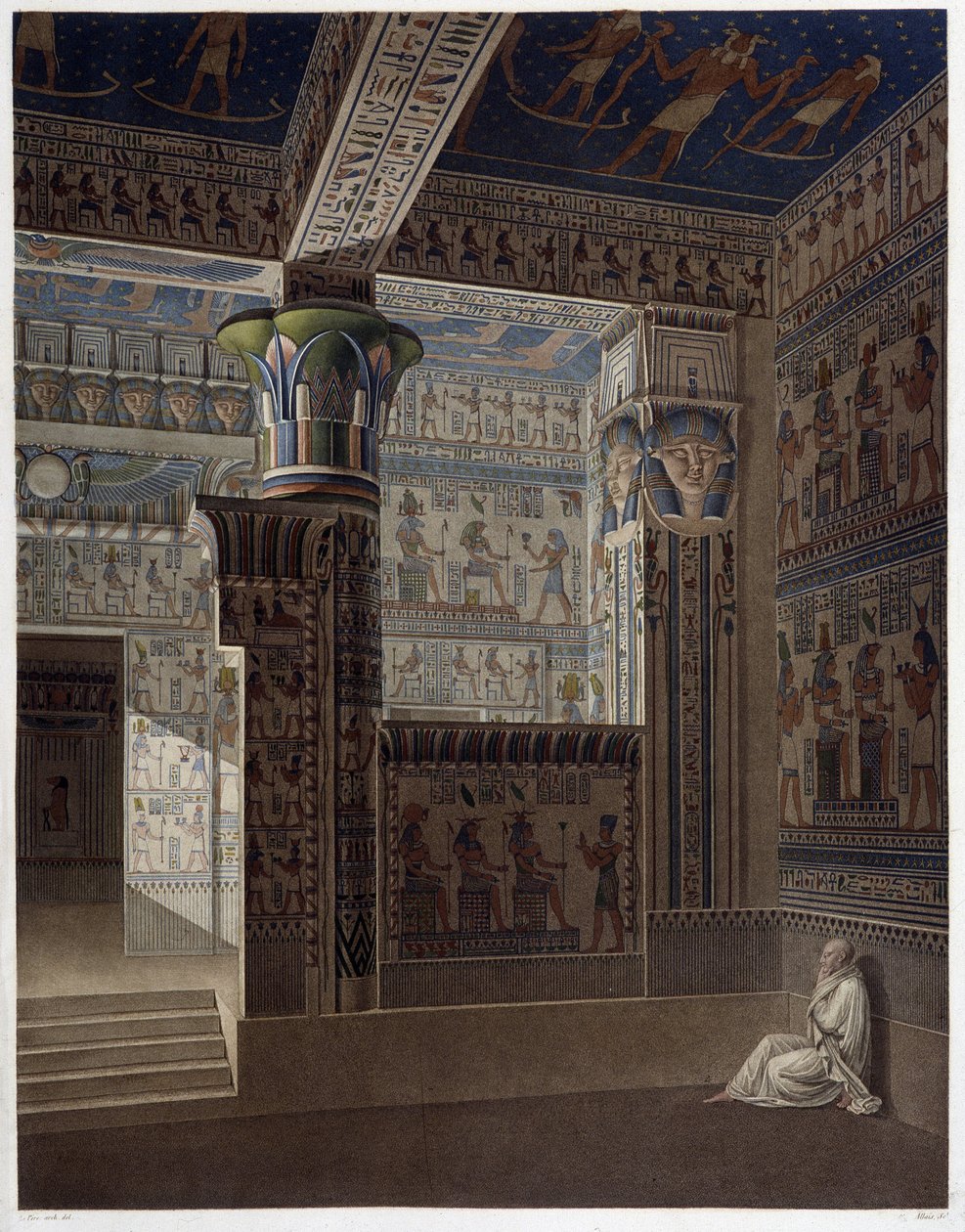 Memnonium Thebes, pl 37: Färgglad inre perspektivvy av templet i väst - i "" Egyptian Antiquites"", sd. 1800-talet av Unknown artist