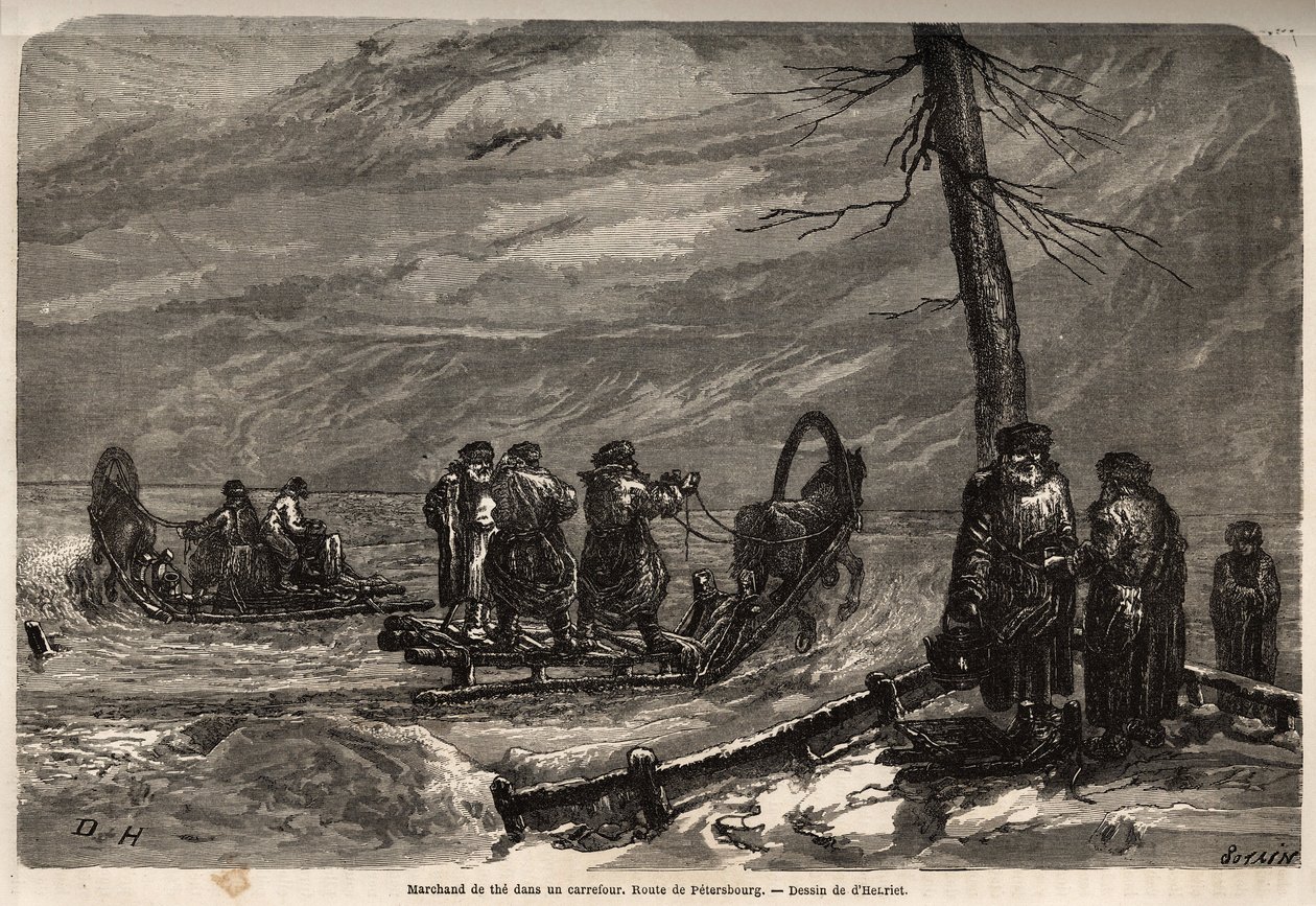 Merchant of the ambulant, har en snö korsning av vägen till St Petersburg. Ritning av Henriet, för att illustrera hans resa till de ryska baltiska provinserna 1851-54. Gravyr i "" Le tour du monde"", redigerad av Edouard Charton av Unknown artist