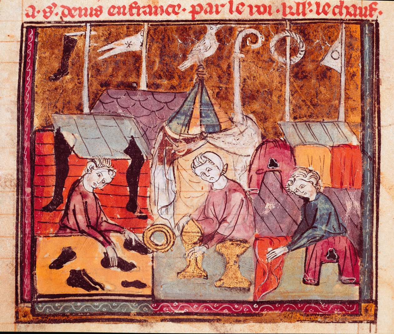 Köpmän (skomakare, guldsmed, tyghandlare) på Lendit-mässan nära Saint Denis Miniature från "" Grandes Chronicles de France"" 1375-1379 kommunala biblioteket, Castres av Unknown artist