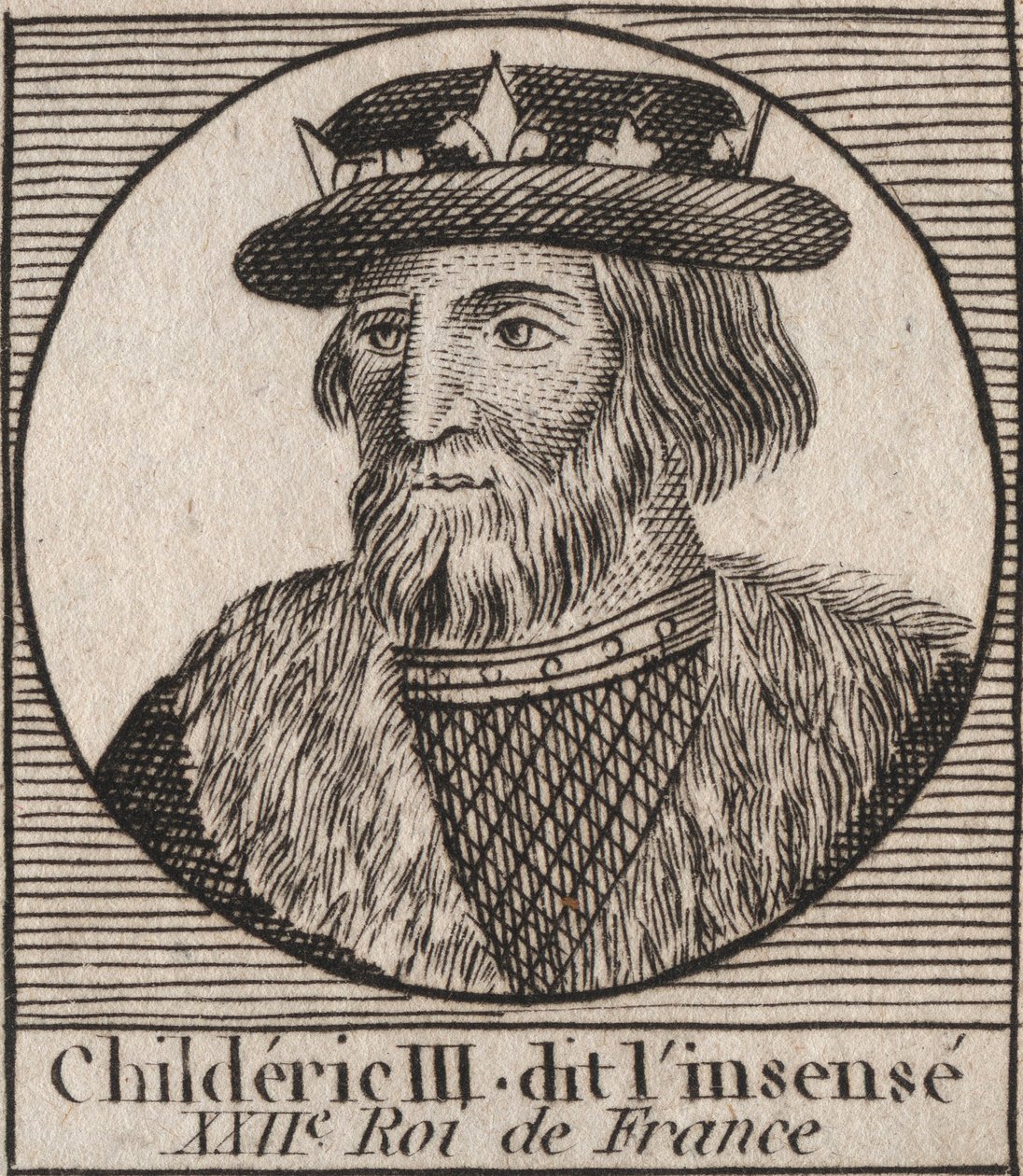Merovingerdynastin: Porträtt av Childeric III (714-755) Frankernas kung - CHILDERIC III (d. 754) Frankernas kung, 741-751, och den sista av merovingerna - gravyr från "" Instruction sur l